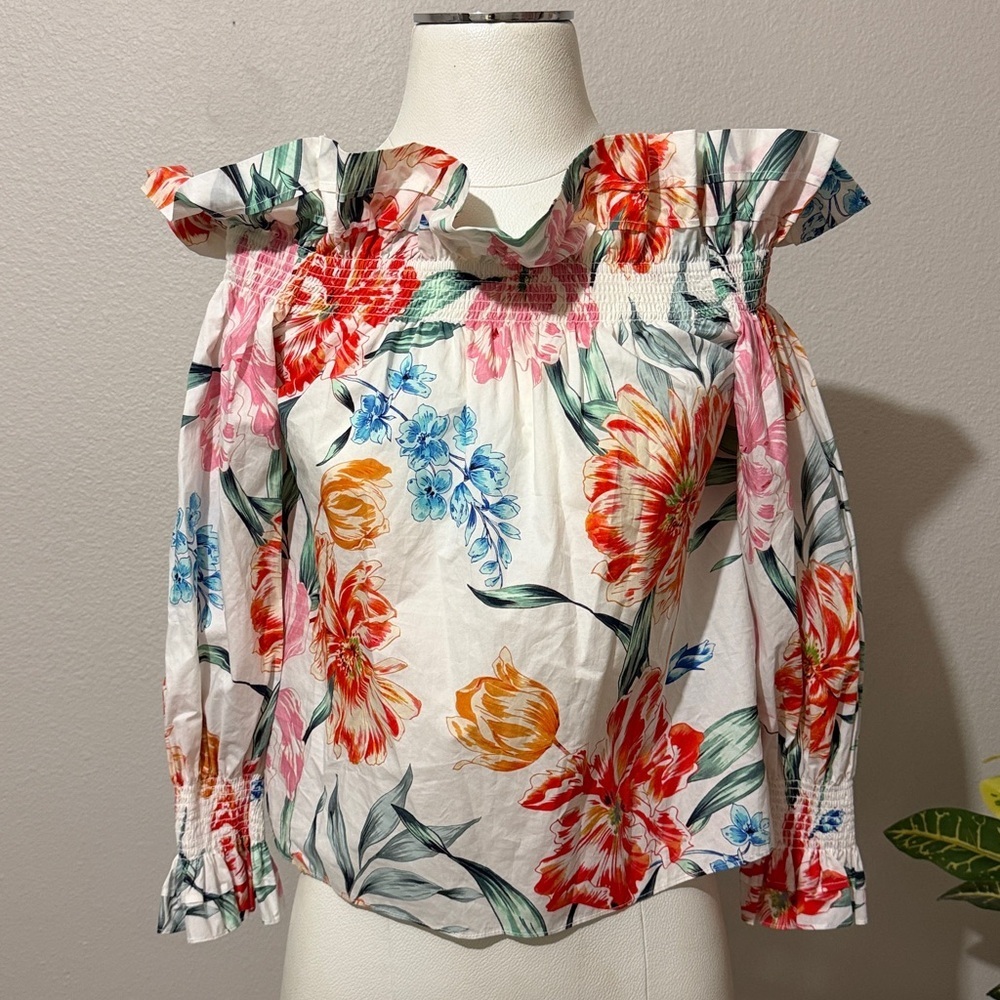 Christy Lynn Regina Top Ivory Garden Off Shoulder Ruffle Feminine Floral Peasant